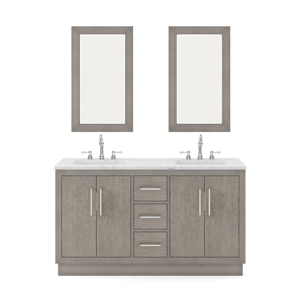 HUGO 60W x 34.3H Gray Oak Double-Sink Vanity with Carrara White Marble Countertop + Mirrors