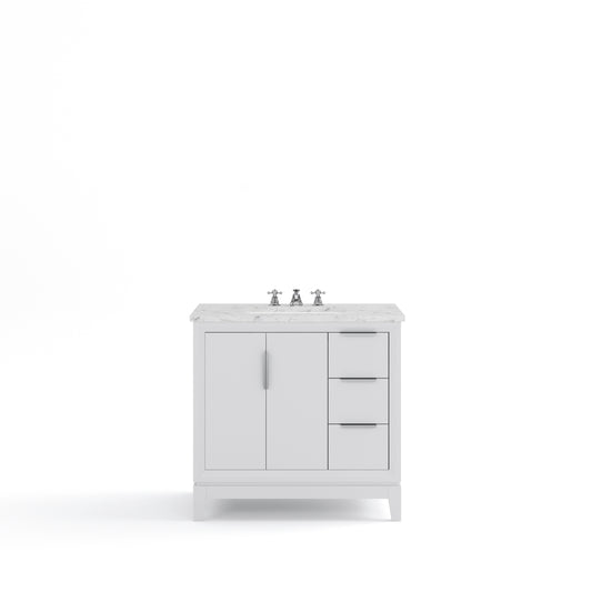 ELIZABETH 36"W x 34.25"H Pure White Single-Sink Vanity with Carrara White Marble Countertop + Faucets (F2-0009-01-BX)