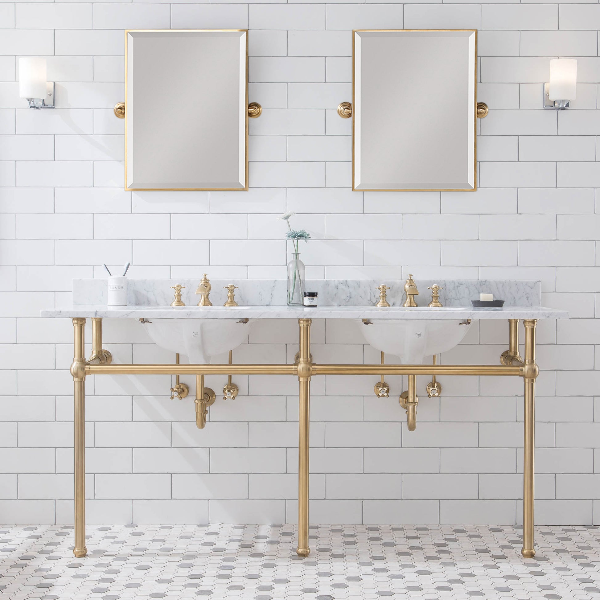 EMBASSY 72"W x 34"H  Double Washstand , P-Trap, Countertop with Sink, F2-0013 Faucet and Mirror included, in Satin Gold Finish