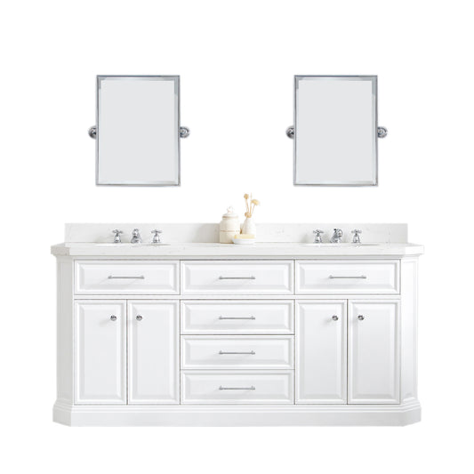 PALACE 72"W x 34"H Pure White Vanity with Carrara Quartz Countertop + Mirror, Chrome Finish Hardware & Mirror