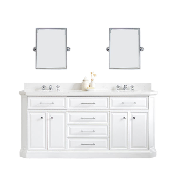 PALACE 72W x 34H Pure White Vanity with Carrara Quartz Countertop + Mirror, Chrome Finish Hardware & Mirror