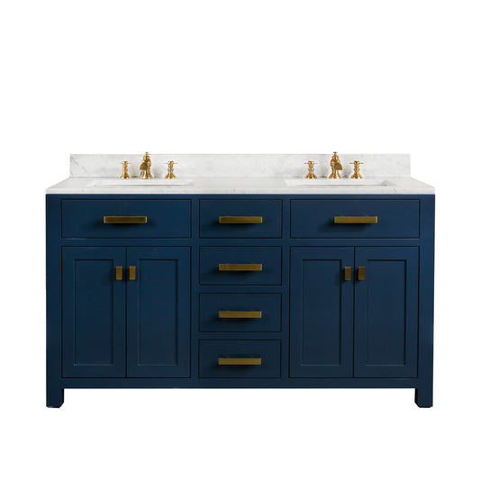 MADISON 60"W x 34"H Monarch Blue Double-Sink Vanity with Carrara White Marble Countertop + Faucets (F2-0013-06-FX)