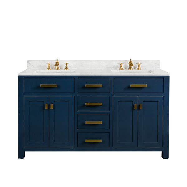 MADISON 60W x 34H Monarch Blue Double-Sink Vanity with Carrara White Marble Countertop + Faucets (F2-0013-06-FX)