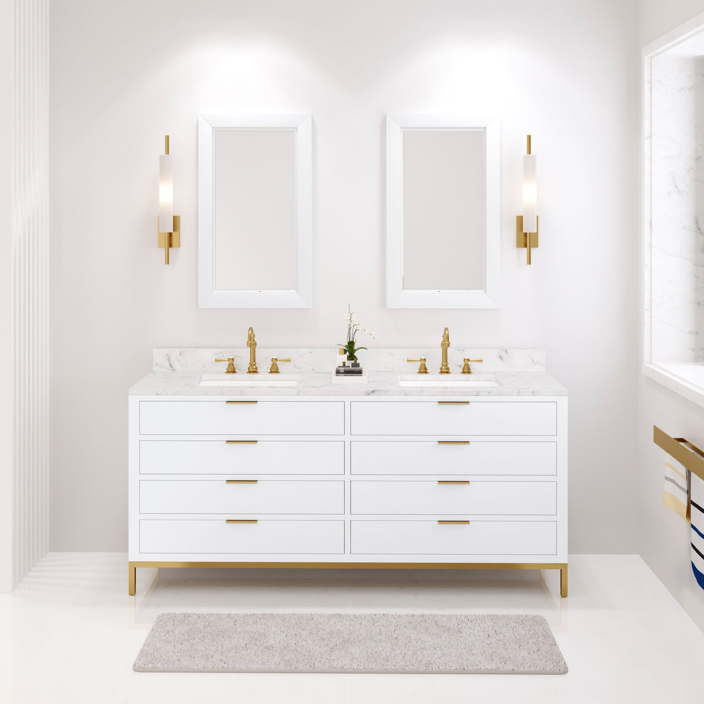 BRISTOL 72"W x 34"H Pure White Double-Sink Vanity with Carrara White Marble Countertop + Satin Gold Hook Faucets