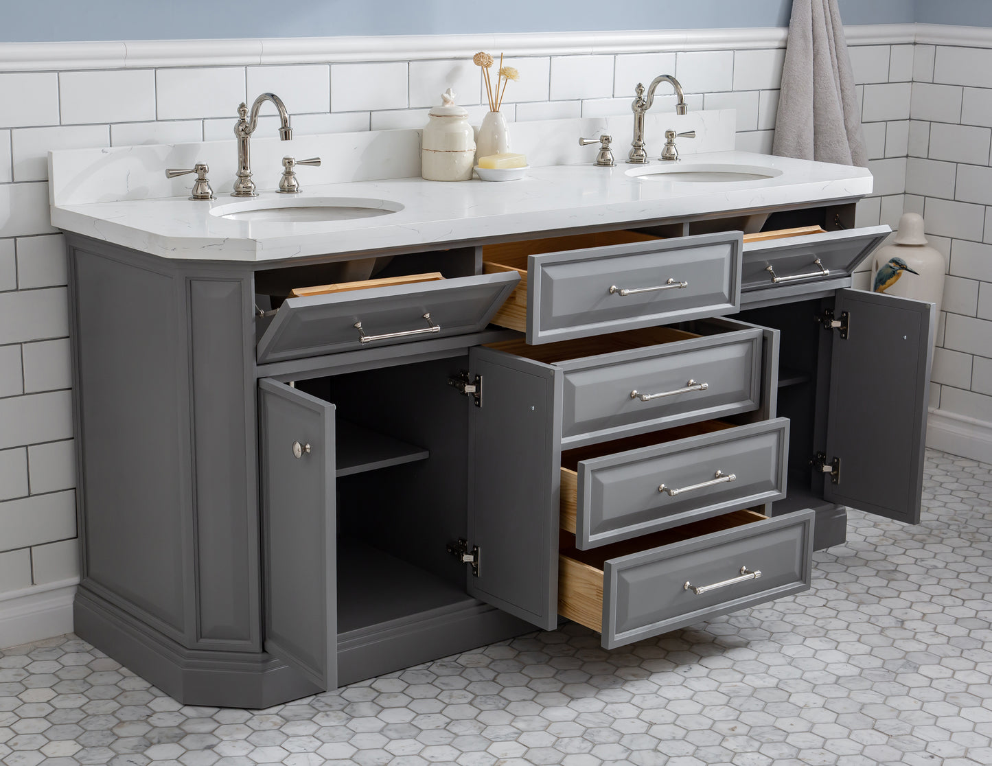 PALACE 72"W x 34"H Cashmere Gray Vanity with Carrara Quartz Countertop + Faucets & Mirror (F2-0012), Polished Nickel Finish Hardware & Mirror