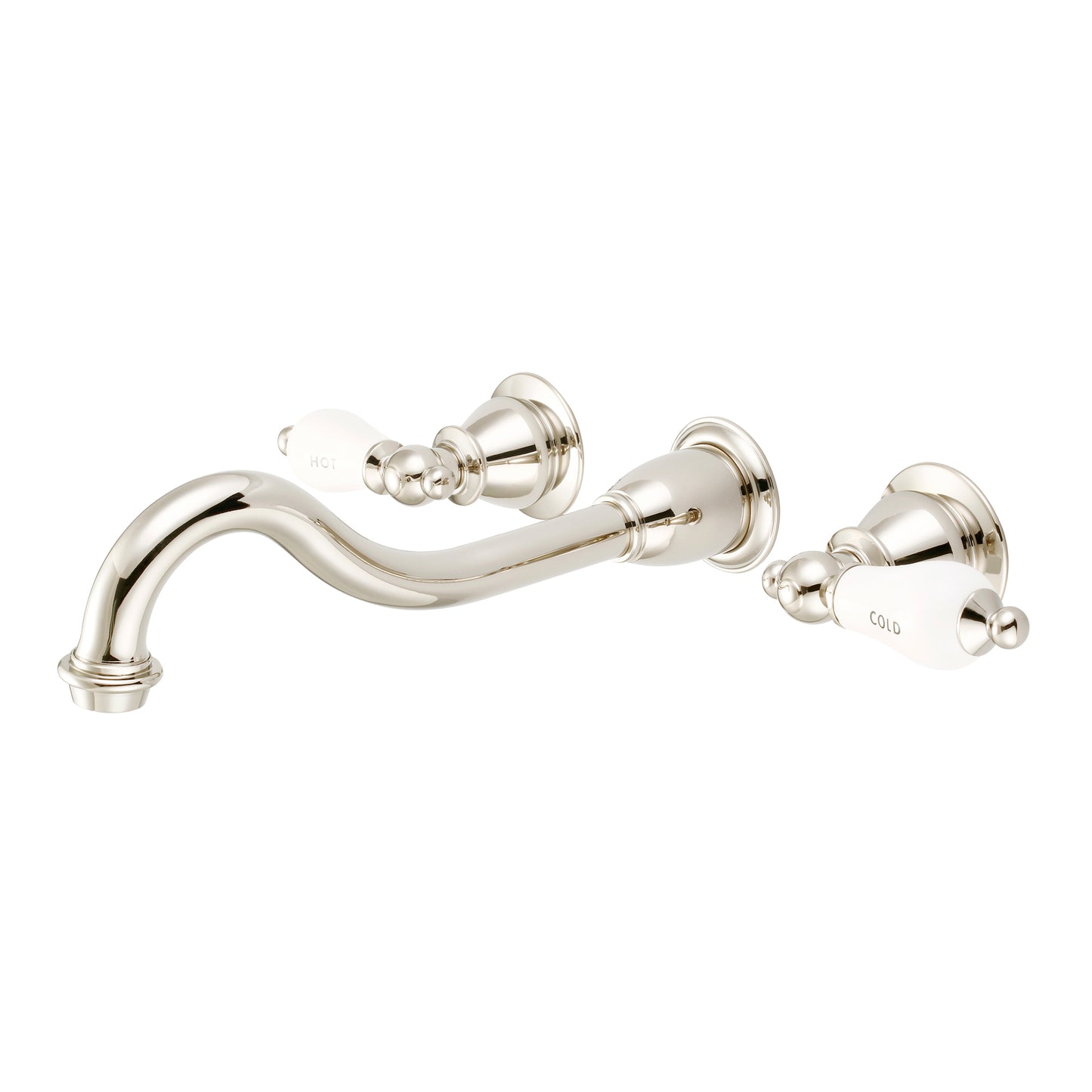 Elegant Spout Wall Mount Vessel/Bathroom Faucets in Polished Nickel Finish, With Porcelain Lever Handles, Hot And Cold Labels Included