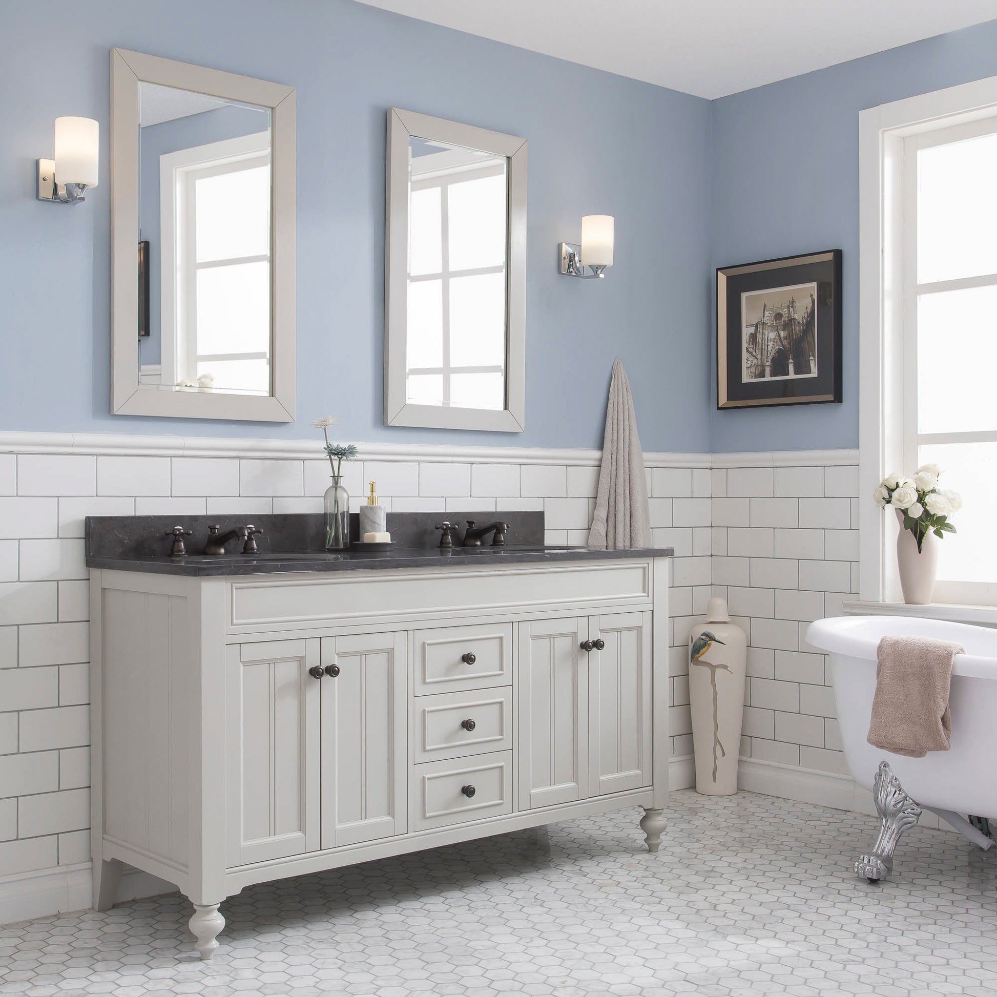 POTENZA 60"W x 34"H Earl Gray Vanity with Blue Limestone Countertop + Faucets A & Mirror