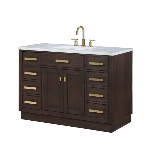 CHESTNUT 48"W x 34.2"H Brown Oak Single-Sink Vanity with Carrara White Marble Countertop + Faucet