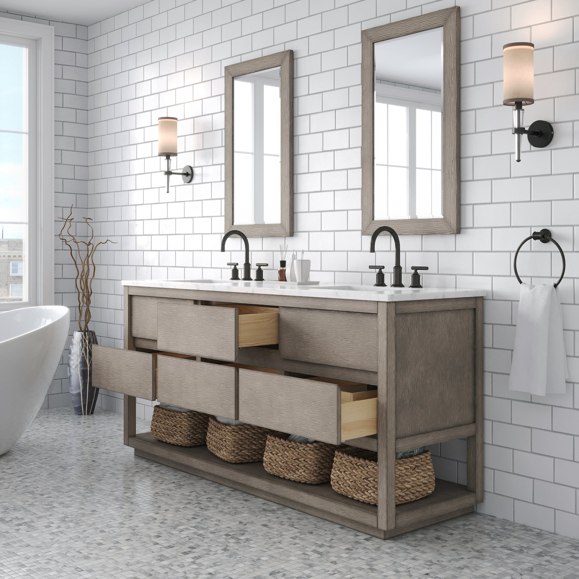 OAKMAN 72"W x 34.3"H Gray Oak Double-Sink Vanity with Carrara White Marble Countertop + Rectangular Mirrors