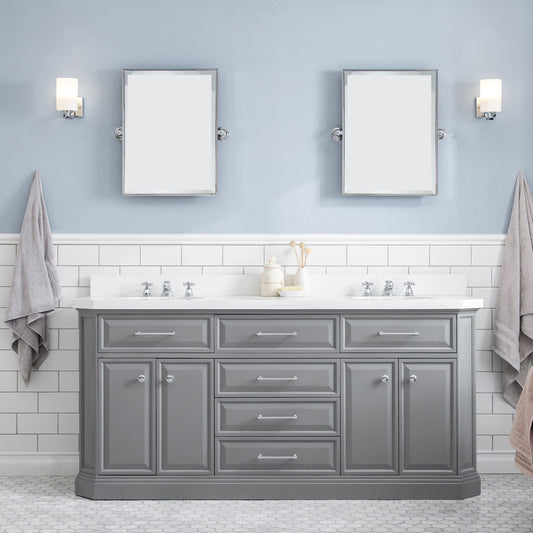 PALACE 72"W x 34"H Cashmere Gray Vanity with Carrara Quartz Countertop + Mirror, Chrome Finish Hardware & Mirror