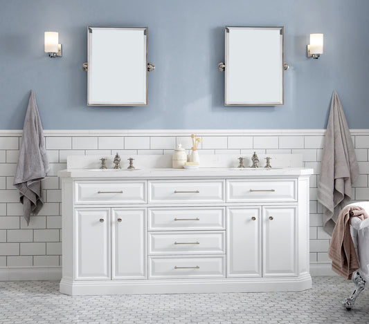 PALACE 72"W x 34"H Pure White Vanity with Carrara Quartz Countertop + Faucets (F2-0013), Polished Nickel Finish Hardware