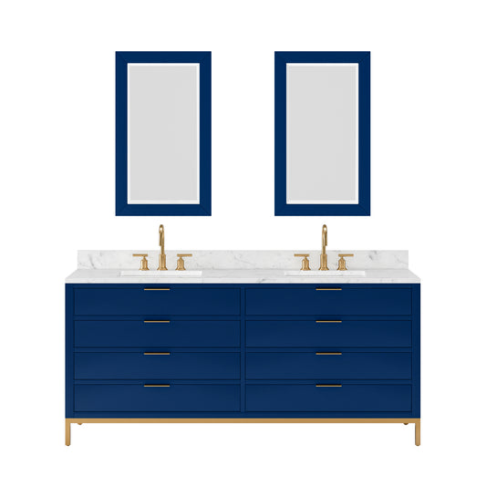 BRISTOL 72"W x 34"H Monarch Blue Double-Sink Vanity with Carrara White Marble Countertop + Satin Gold Gooseneck Faucets and Rectangular Mirrors (S)