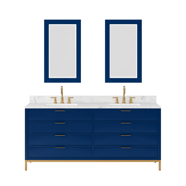 BRISTOL 72W x 34H Monarch Blue Double-Sink Vanity with Carrara White Marble Countertop + Satin Gold Gooseneck Faucets and Rectangular Mirrors (S)