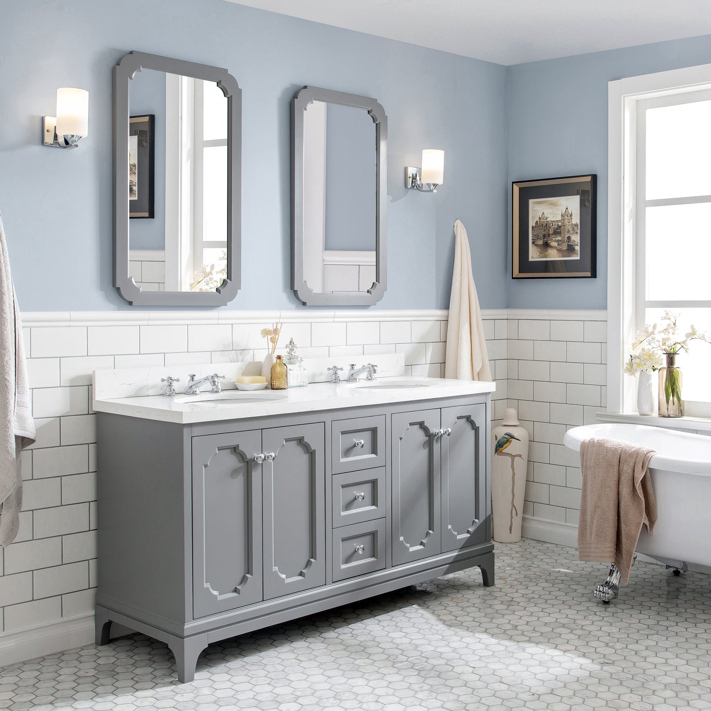 QUEEN 60"W x 34"H Cashmere Gray Double-Sink Vanity with Carrara Quartz Countertop + Faucets & Mirror (F2-0009-01-BX)