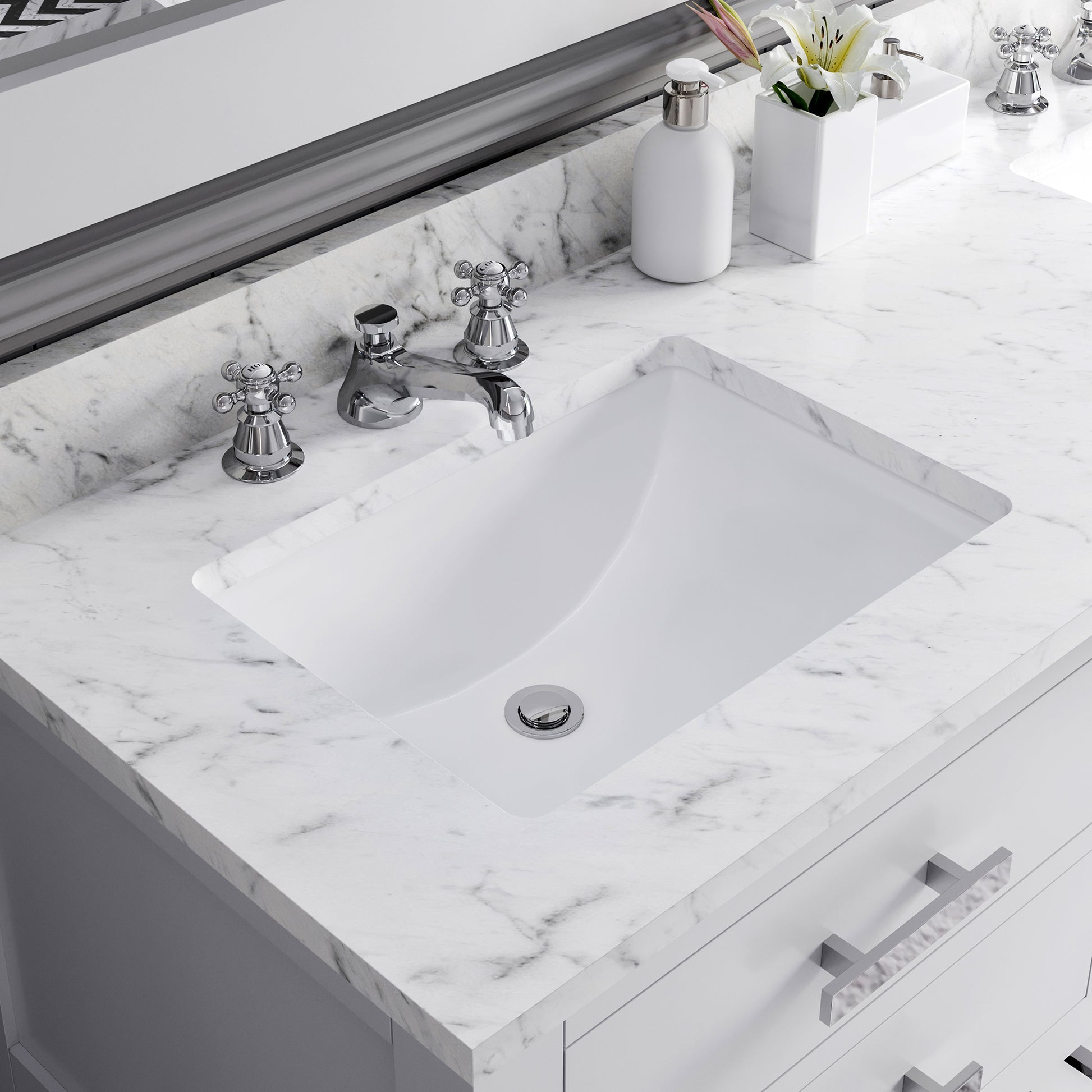 MADALYN 60"W x 34"H Pure White Double-Sink Vanity + Faucets & Mirror