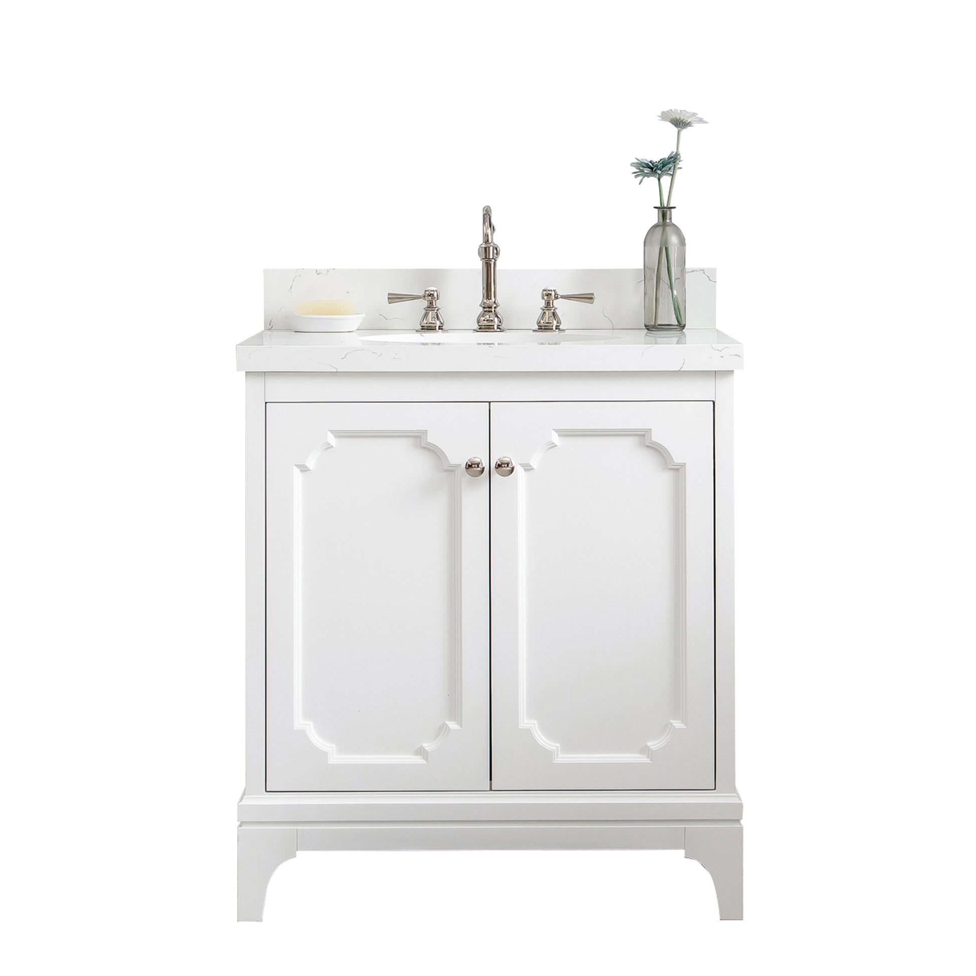 QUEEN 30"W x 34"H Pure White Single-Sink Vanity with Carrara Quartz Countertop + Faucets (F2-0012)