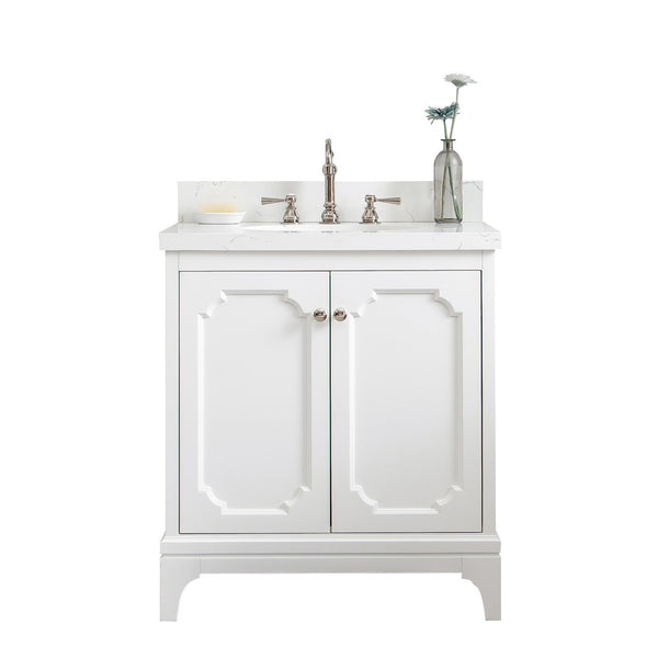 QUEEN 30W x 34H Pure White Single-Sink Vanity with Carrara Quartz Countertop + Faucets (F2-0012)