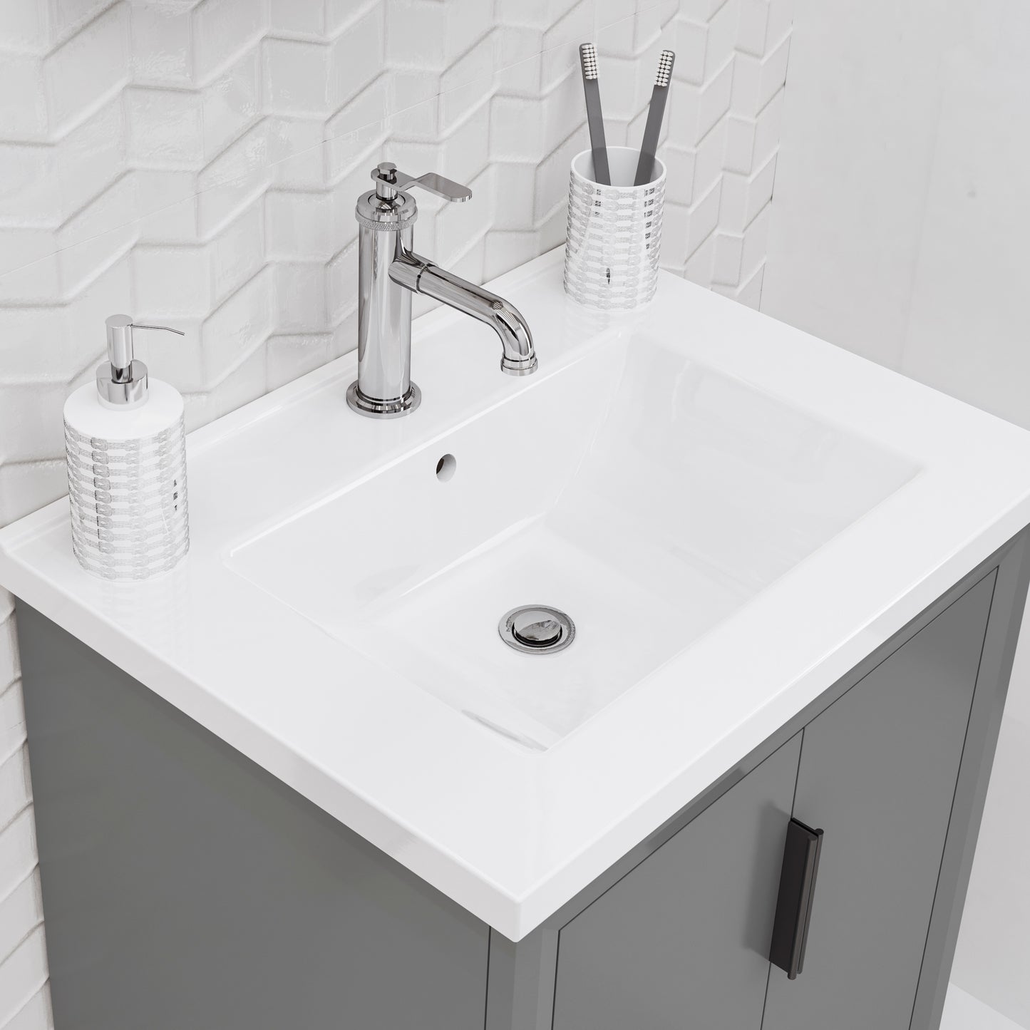 ELISE 24.5"W x 34.5"H Cashmere Gray Integrated Ceramic Sink Vanity + Modern Single Faucet