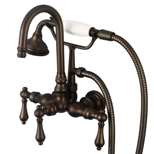 Vintage Classic 3.375" Center Wall Mount Tub Faucet With Gooseneck Spout, Straight Wall Connector & Handheld Shower in Oil Rubbed Bronze Finish, With Metal Lever Handles Without Labels