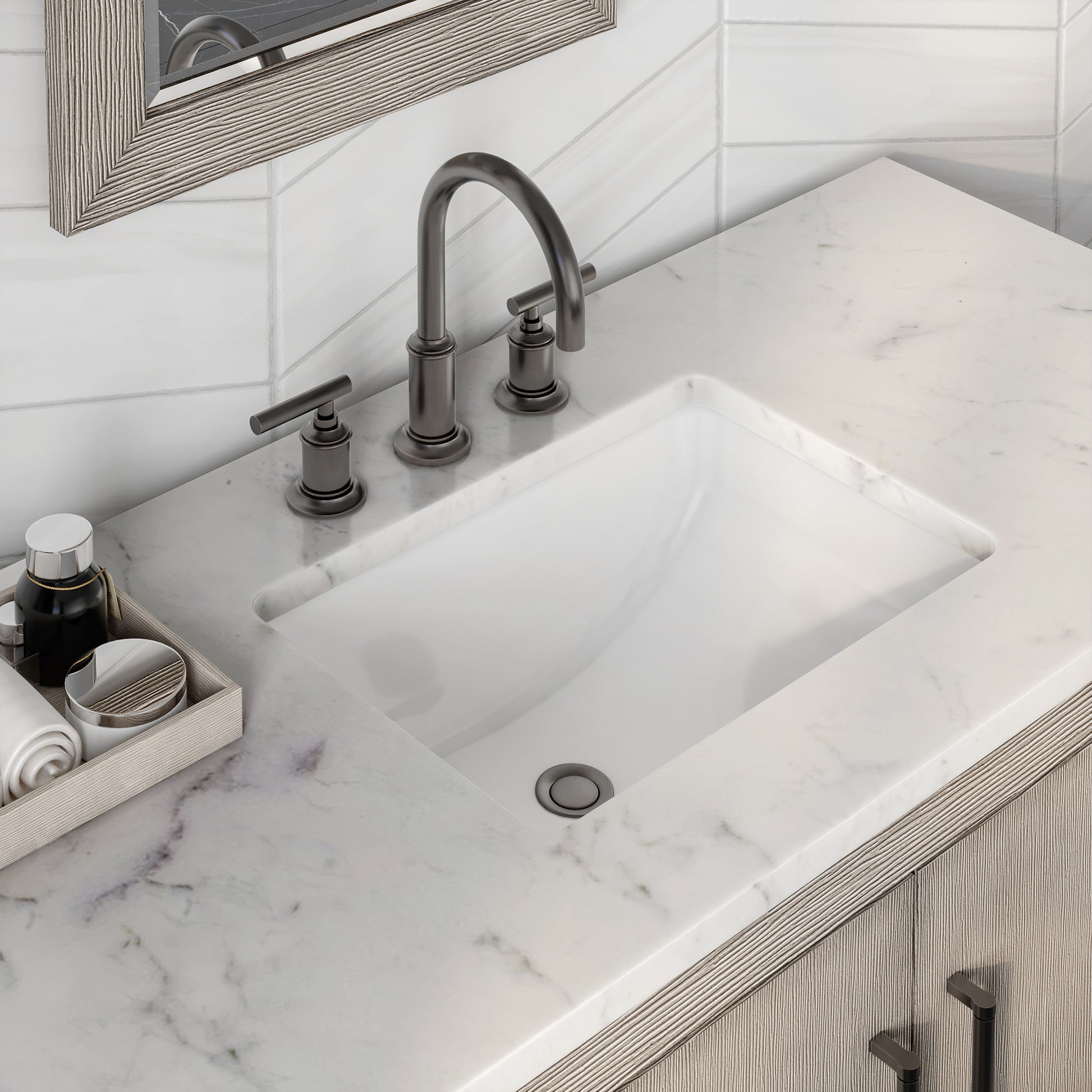 HUGO 48"W x 34.3"H Gray Oak Single-Sink Vanity with Carrara White Marble Countertop + Gooseneck Faucet