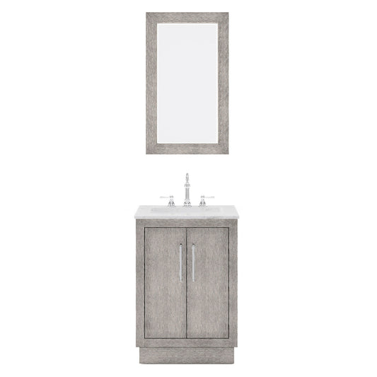 HUGO 24"W x 34.3"H Gray Oak Single-Sink Vanity with Carrara White Marble Countertop + Hook Faucet and Mirror