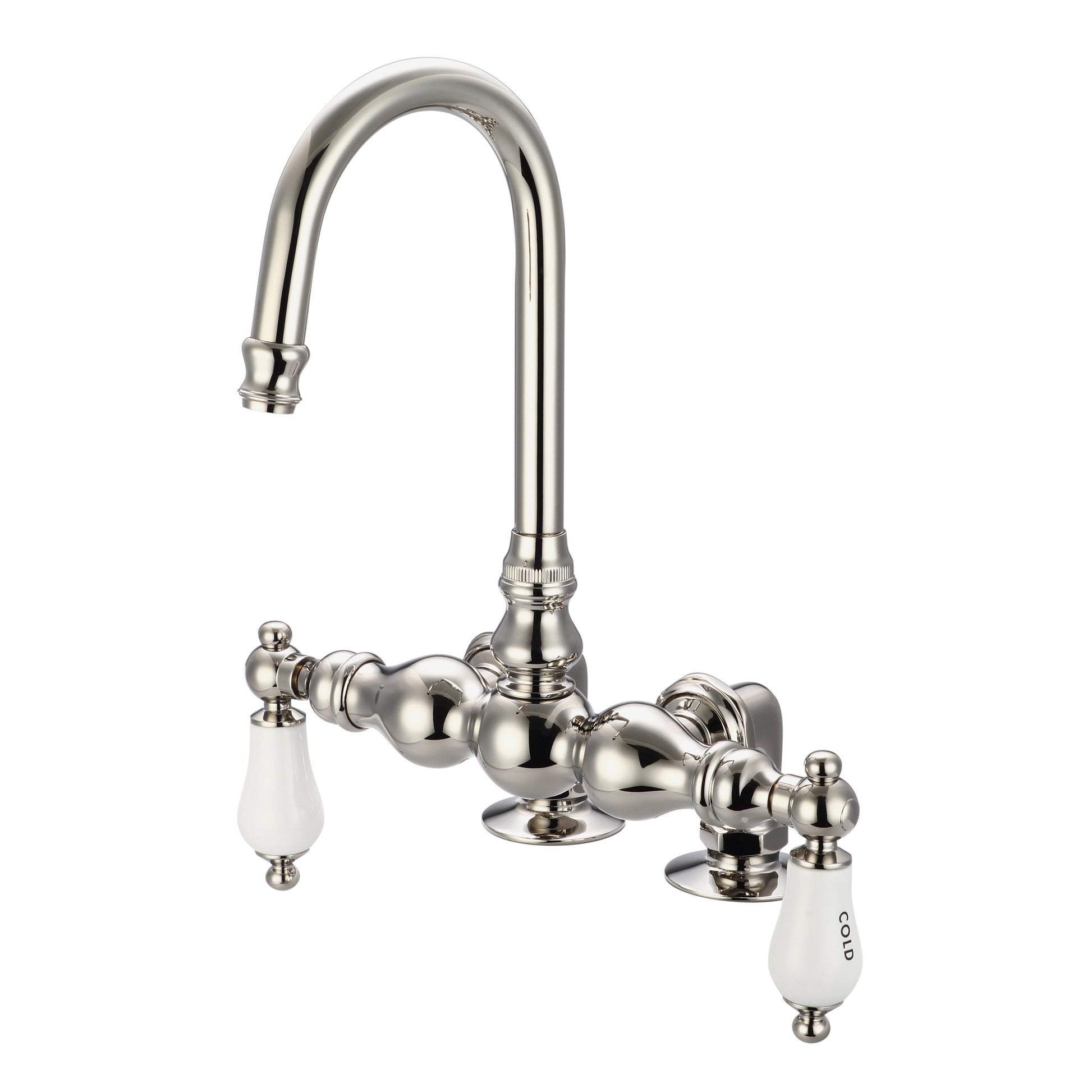 Vintage Classic 3.375" Center Deck Mount Tub Faucet With Gooseneck Spout & 2" Risers in Polished Nickel Finish, With Porcelain Lever Handles, Hot And Cold Labels Included