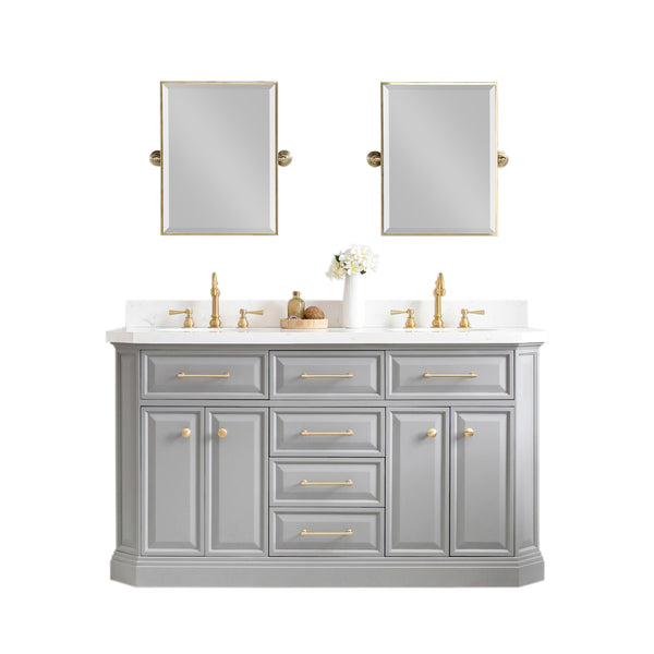 PALACE 60W x 34H Cashmere Gray Vanity with Carrara Quartz Countertop + Mirrors, Satin Gold Finish Hardware & Chrome Finish Mirror (B)