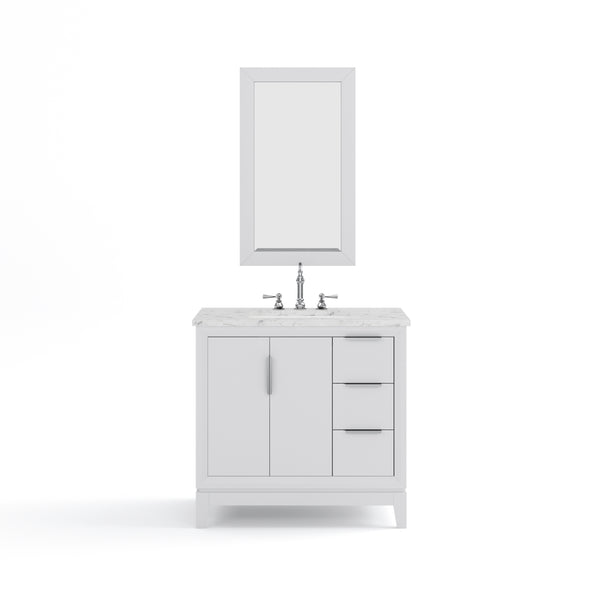 ELIZABETH 36W x 34.25H Pure White Single-Sink Vanity with Carrara White Marble Countertop + Faucets & Mirror (F2-0012-01-TL)