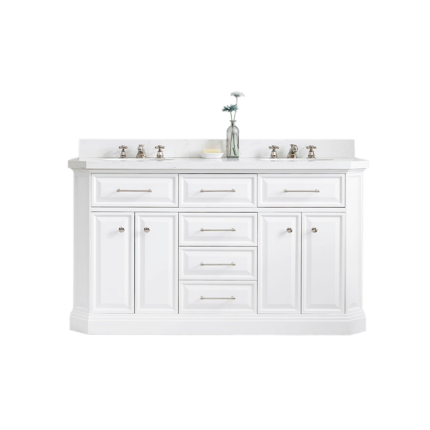 PALACE 60"W x 34"H Pure White Vanity with Carrara Quartz Countertop + Faucets (F2-0009), Polished Nickel Finish Hardware