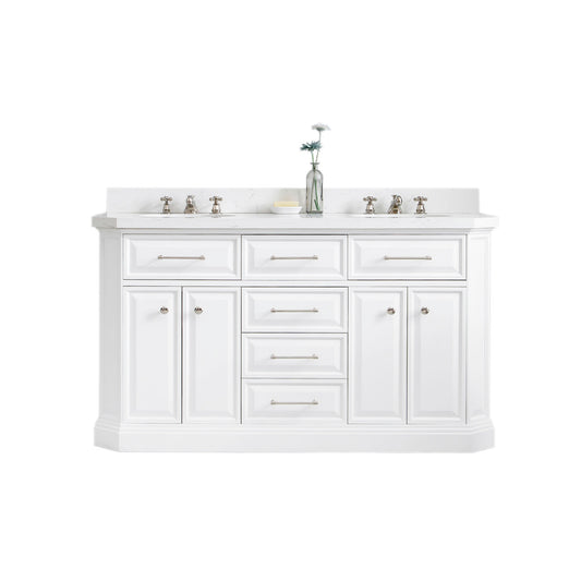 PALACE 60"W x 34"H Pure White Vanity with Carrara Quartz Countertop + Faucets (F2-0009), Polished Nickel Finish Hardware