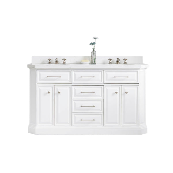 PALACE 60W x 34H Pure White Vanity with Carrara Quartz Countertop + Faucets (F2-0009), Polished Nickel Finish Hardware