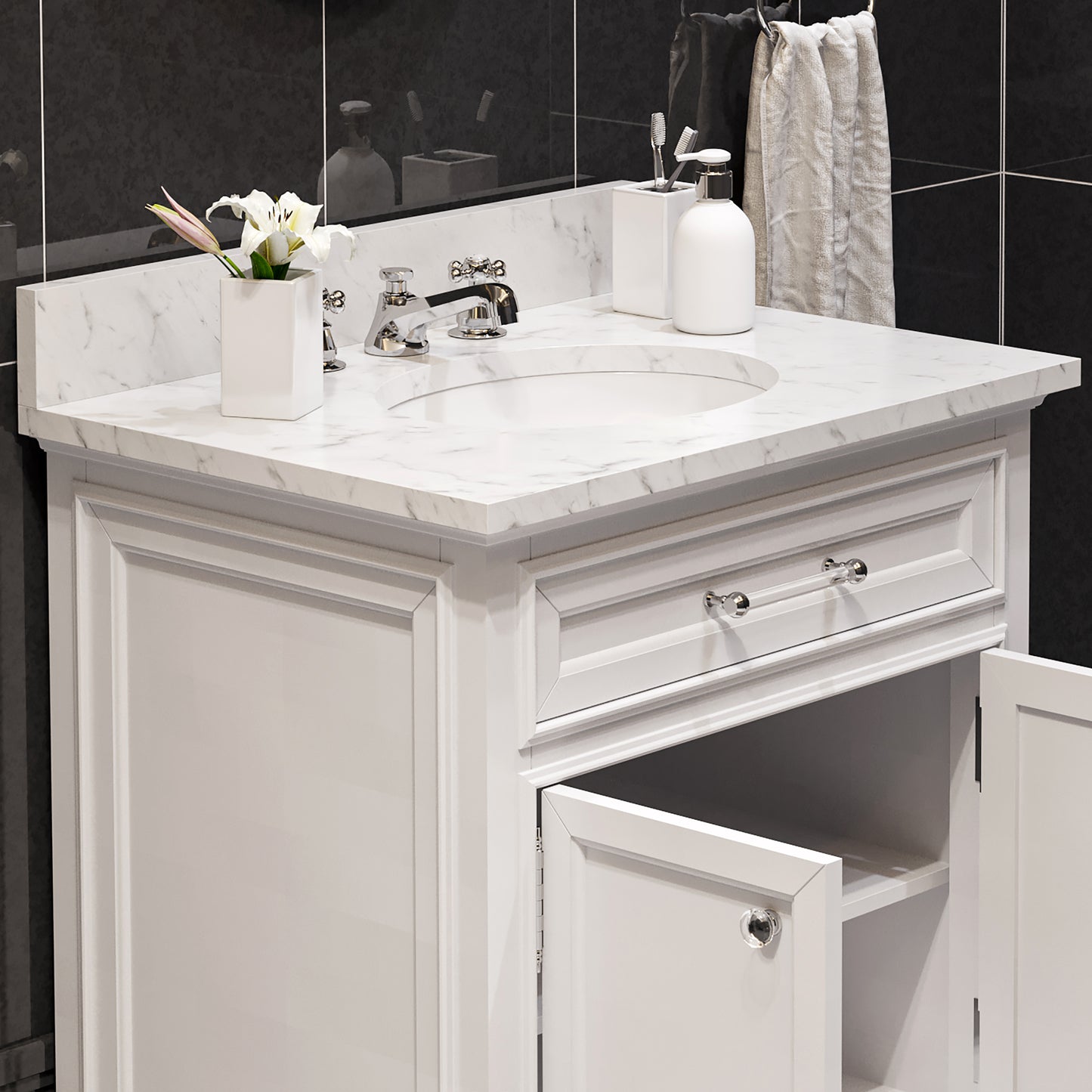 DERBY 30"W x 34"H Pure White Single-Sink Vanity with Carrara White Marble Countertop