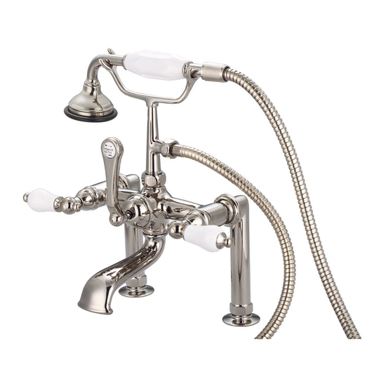 Vintage Classic 7" Spread Deck Mount Tub Faucet With 6" Risers & Handheld Shower in Polished Nickel Finish, With Porcelain Lever Handles Without labels