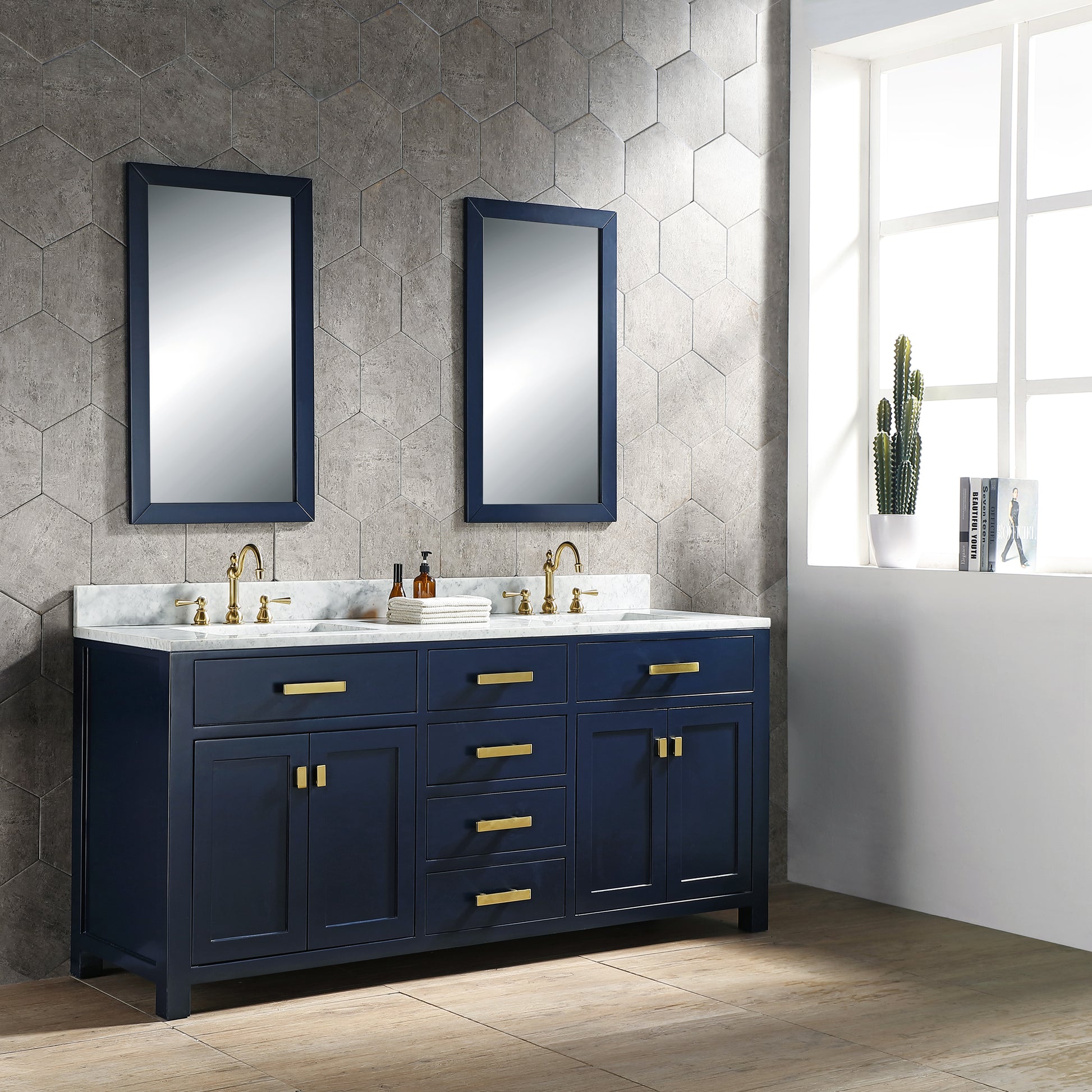 MADISON 72"W x 34"H Monarch Blue Double-Sink Vanity with Carrara White Marble Countertop + Faucets & Mirror (F2-0012-06-TL)