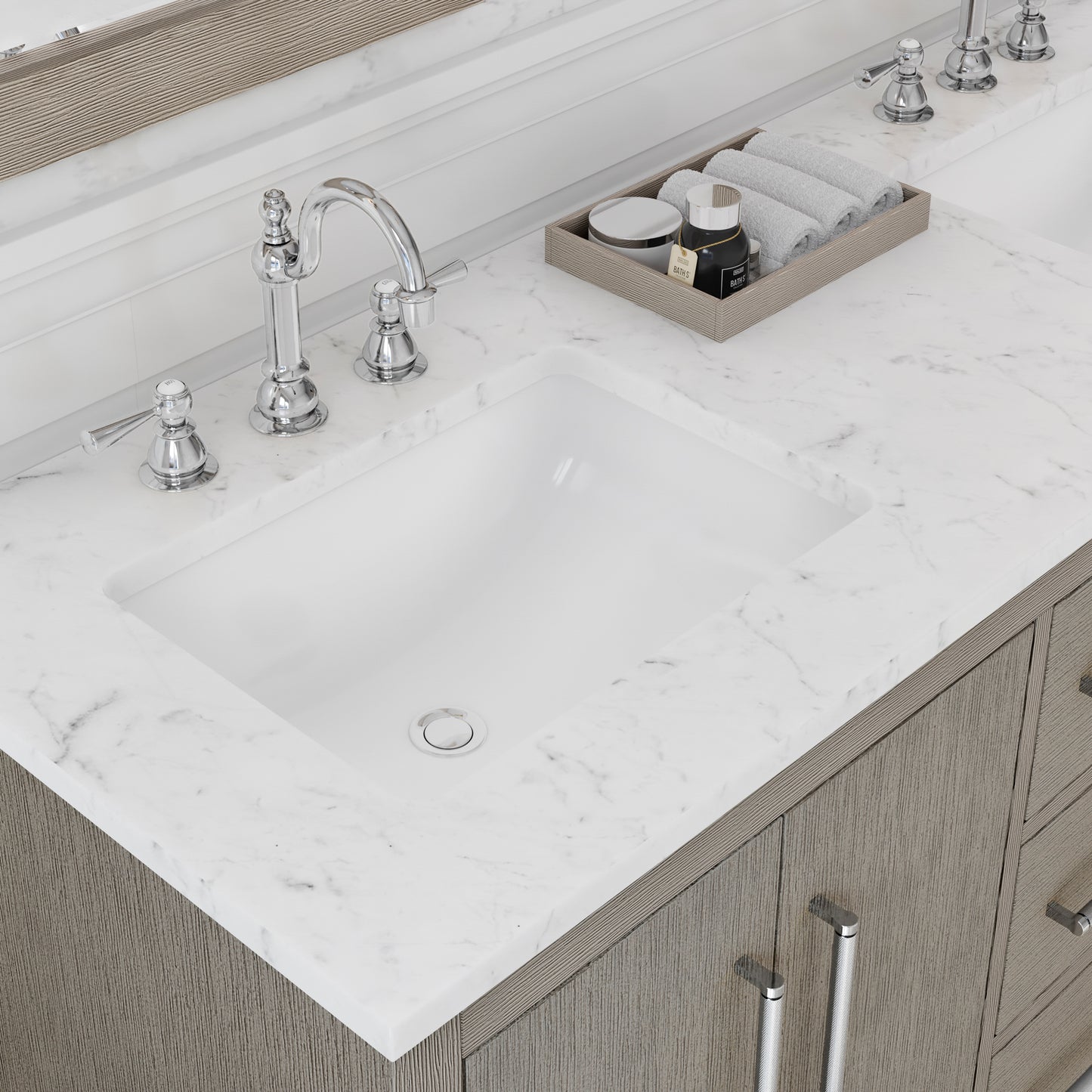 HUGO 60"W x 34.3"H Gray Oak Double-Sink Vanity with Carrara White Marble Countertop + Hook Faucets