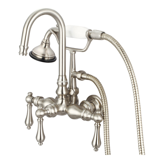 Vintage Classic 3.375" Center Wall Mount Tub Faucet With Gooseneck Spout, Straight Wall Connector & Handheld Shower in Brushed Nickel Finish, With Metal Lever Handles Without Labels