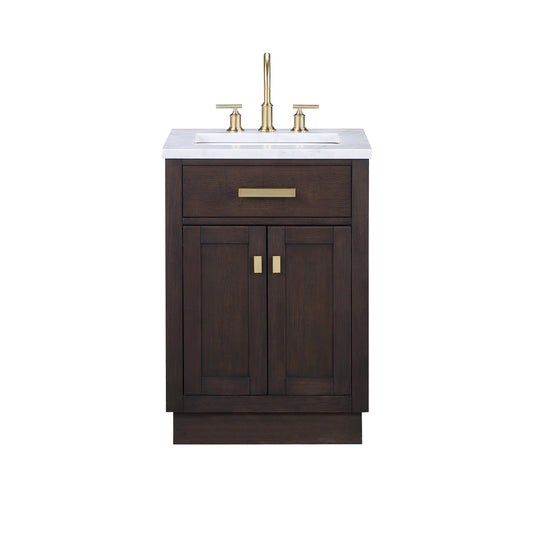 CHESTNUT 24"W x 34.2"H Brown Oak Single-Sink Vanity with Carrara White Marble Countertop + Faucet