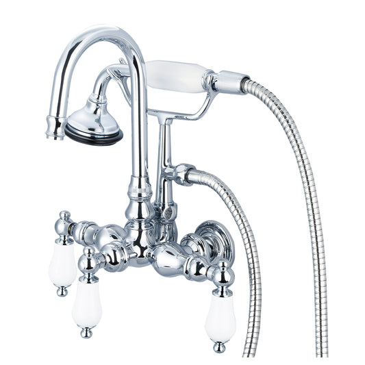 Vintage Classic 3.375" Center Wall Mount Tub Faucet With Gooseneck Spout, Straight Wall Connector & Handheld Shower in Chrome Finish, With Porcelain Lever Handles Without labels