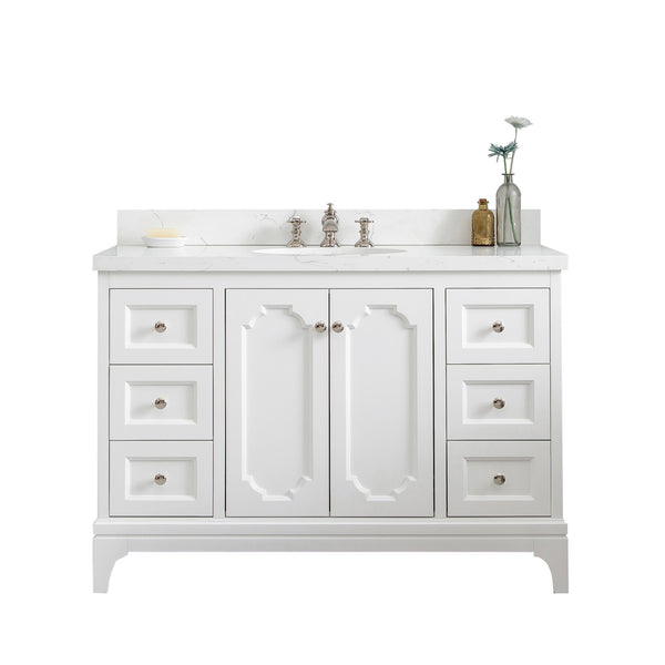 QUEEN 48W x 34H Pure White Single-Sink Vanity with Carrara Quartz Countertop + Faucets (F2-0013)