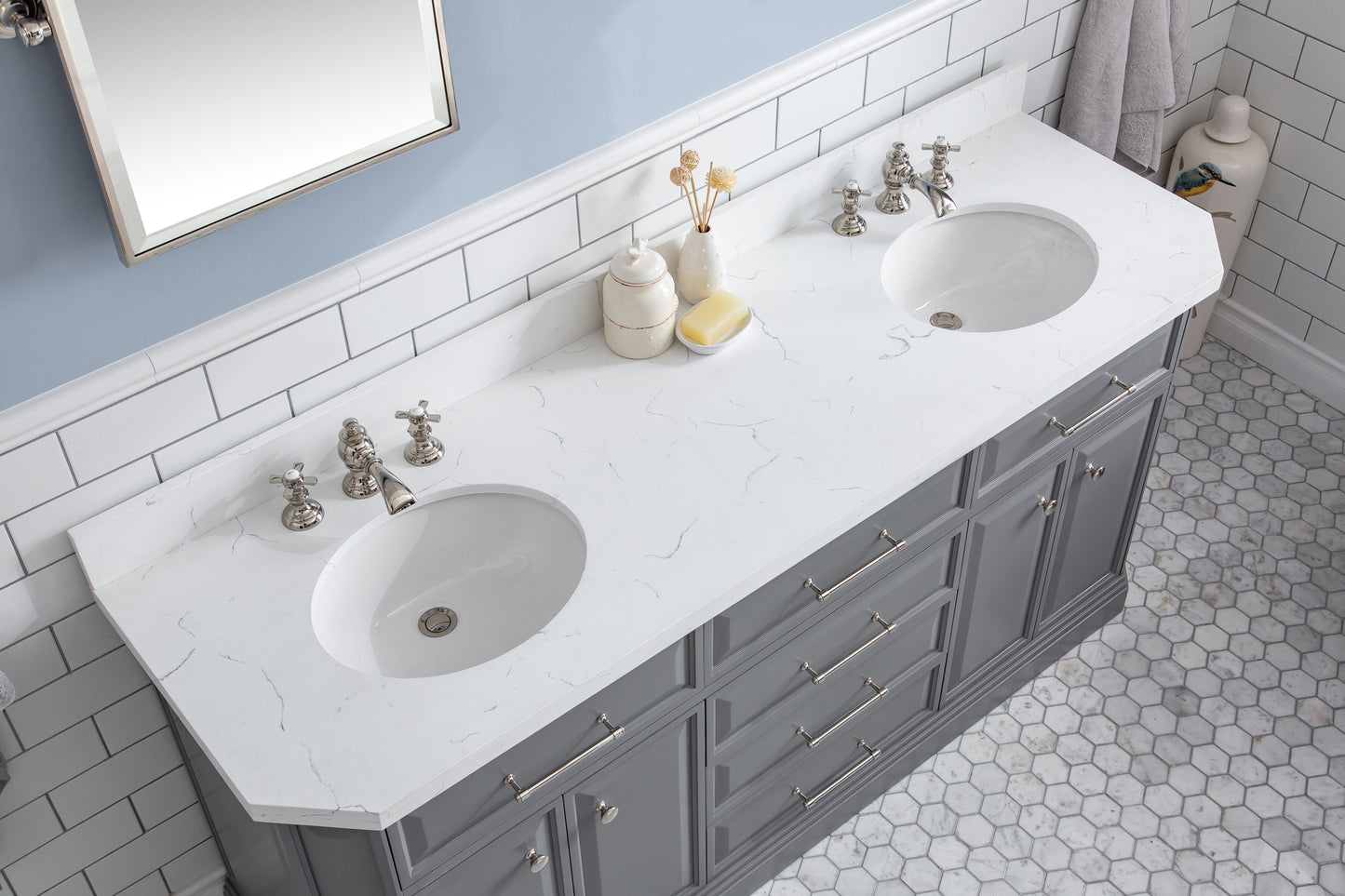 PALACE 72"W x 34"H Cashmere Gray Vanity with Carrara Quartz Countertop + Faucets (F2-0013), Polished Nickel Finish Hardware