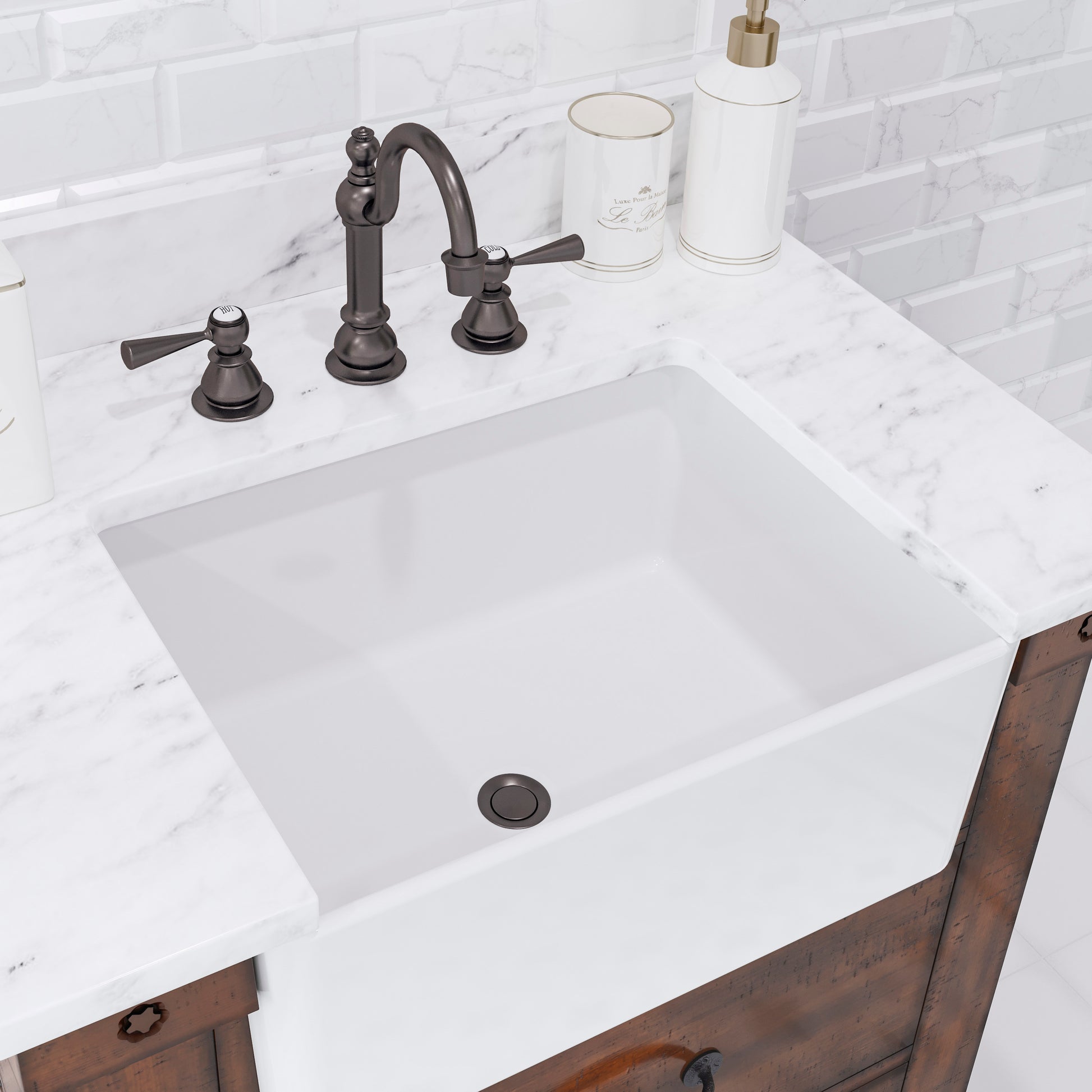 PAISLEY 31"W x 33"H Sierra Rustic Single-Sink Vanity with Carrara White Marble Countertop + Hook Faucet and Mirror