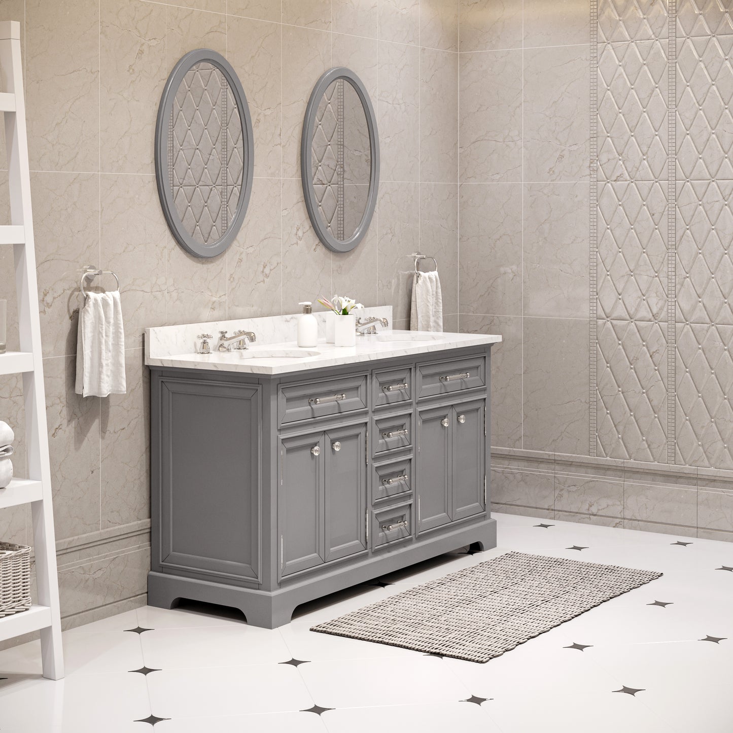 DERBY 60"W x 34"H Cashmere Gray Double-Sink Vanity with Carrara White Marble Countertop + Faucet