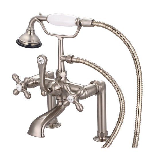 Vintage Classic 7" Spread Deck Mount Tub Faucet With 6" Risers & Handheld Shower in Brushed Nickel Finish, With Metal Lever Handles, Hot And Cold Labels Included