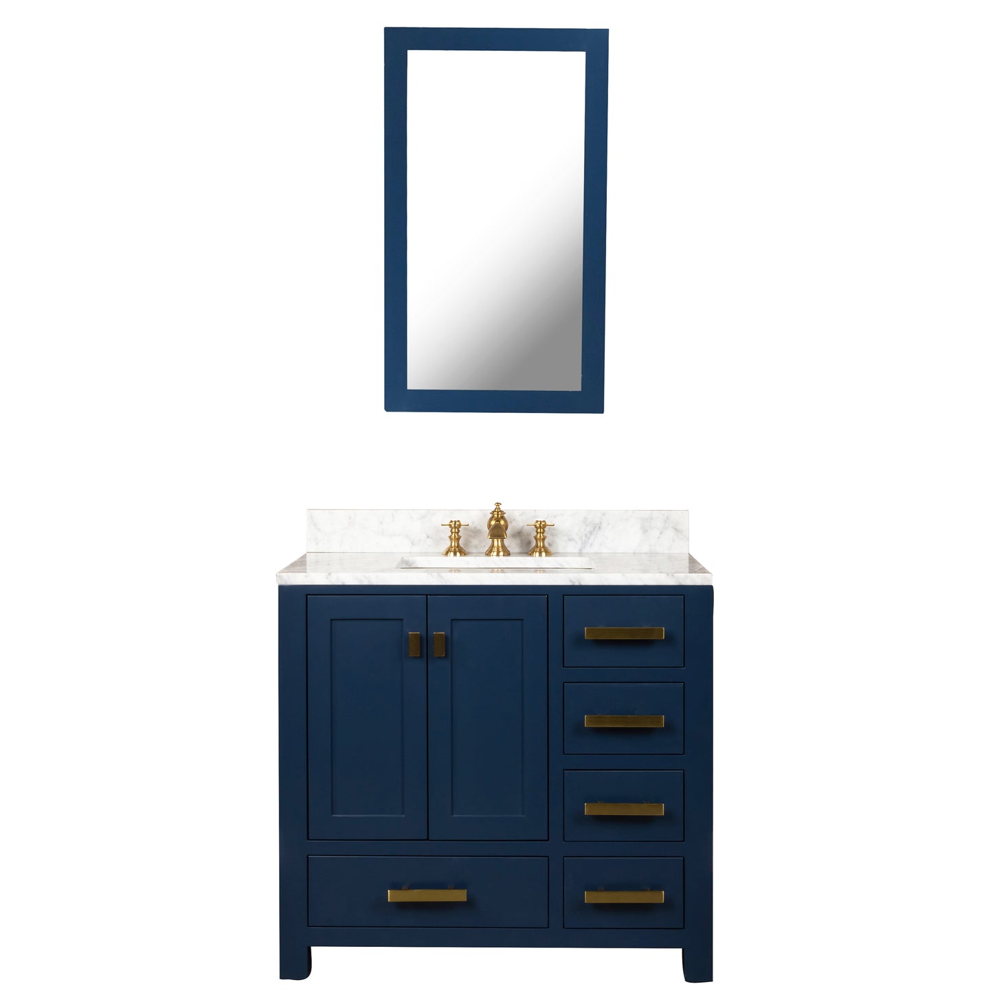 MADISON 36"W x 34"H Monarch Blue Single-Sink Vanity with Carrara White Marble Countertop + Faucets & Mirror (F2-0013-06-FX)