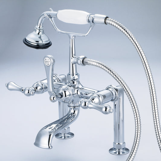 Vintage Classic 7" Spread Deck Mount Tub Faucet With 6" Risers & Handheld Shower in Chrome Finish, With Metal Lever Handles Without Labels