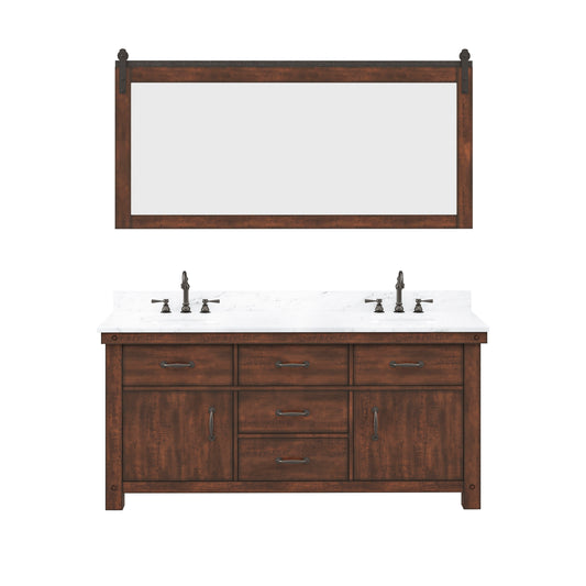 ABERDEEN 72"W x 34"H Sierra Rustic Double-Sink Vanity with Carrara White Marble Countertop + Hook Faucets and Mirrors