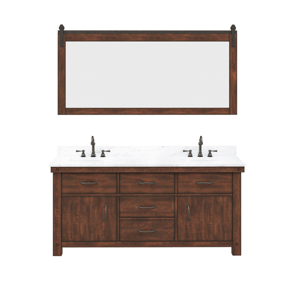 ABERDEEN 72W x 34H Sierra Rustic Double-Sink Vanity with Carrara White Marble Countertop + Hook Faucets and Mirrors