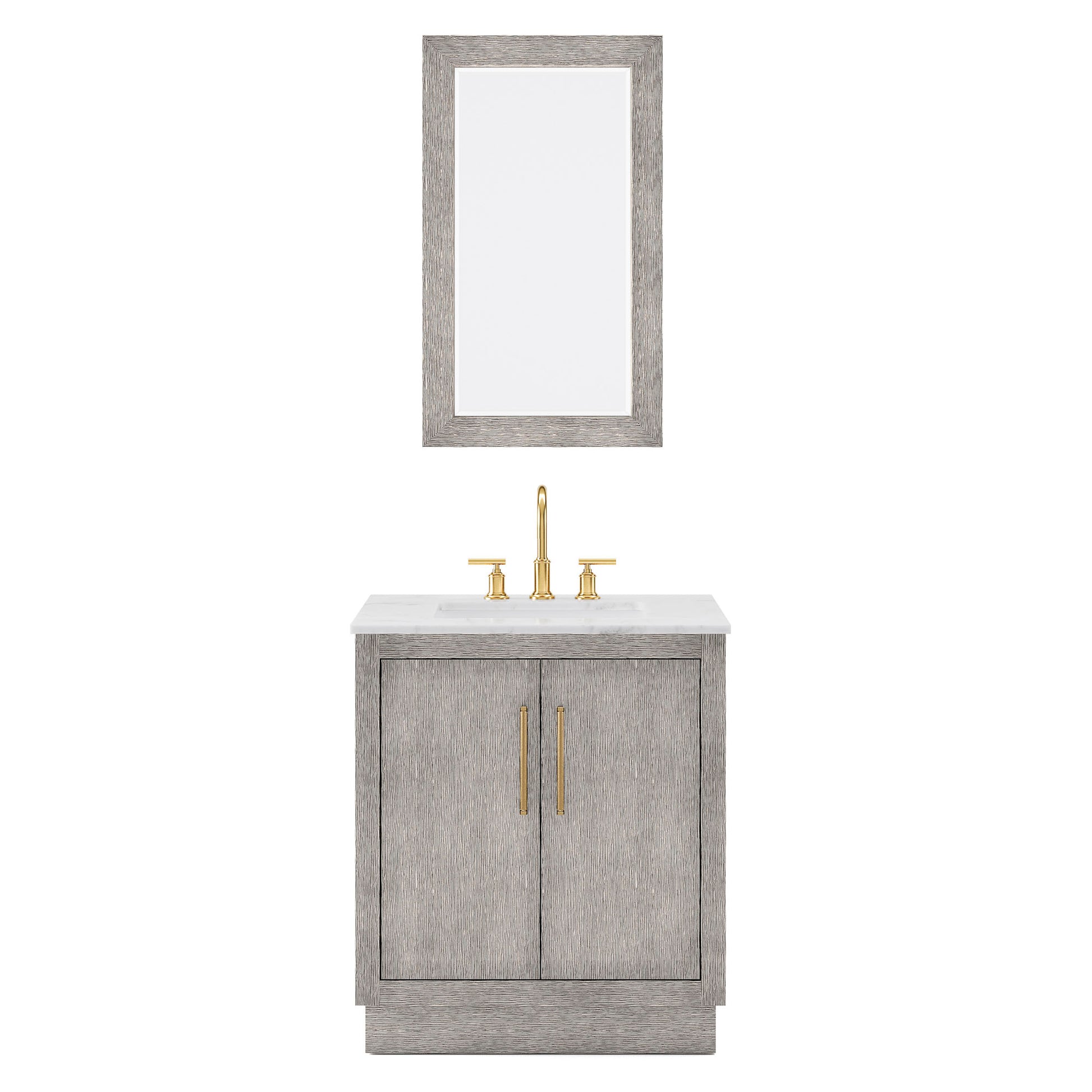 HUGO 30"W x 34.3"H Gray Oak Single-Sink Vanity with Carrara White Marble Countertop + Mirror