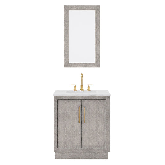 HUGO 30"W x 34.3"H Gray Oak Single-Sink Vanity with Carrara White Marble Countertop + Mirror