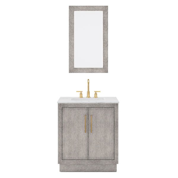 HUGO 30W x 34.3H Gray Oak Single-Sink Vanity with Carrara White Marble Countertop + Mirror